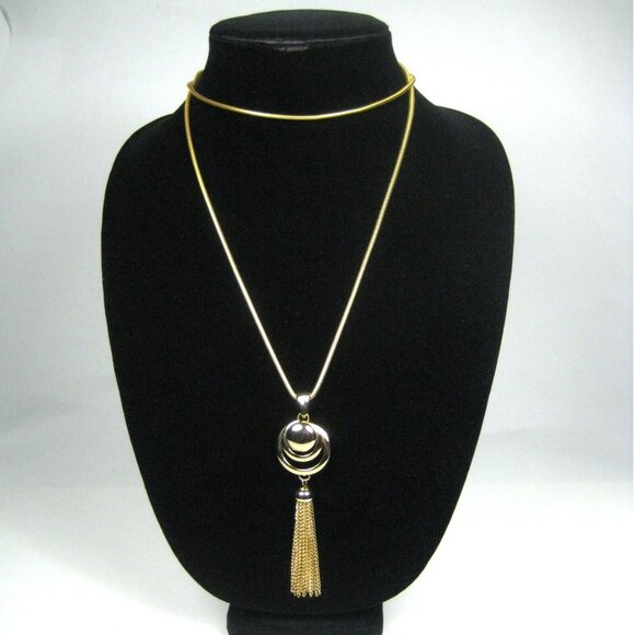 Goldtone Tassel Pendant Necklace 32 In Omega Chain Statement Modern Upcycled - Picture 1 of 5